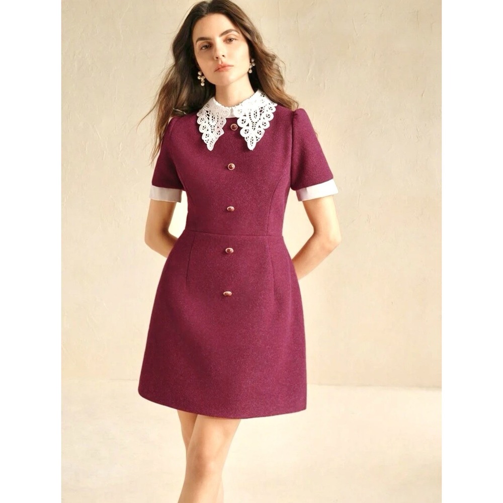 Anewsta Women Mini Dress Large Burgundy Elegant Slim Lace Collar Evening Formal